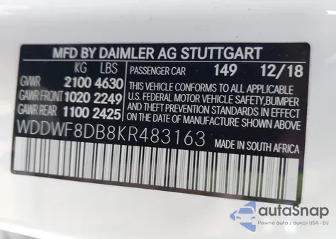 2019 Mercedes-Benz C 300 z USA, uszkodzony, nr VIN WDDWF8DB8KR483163